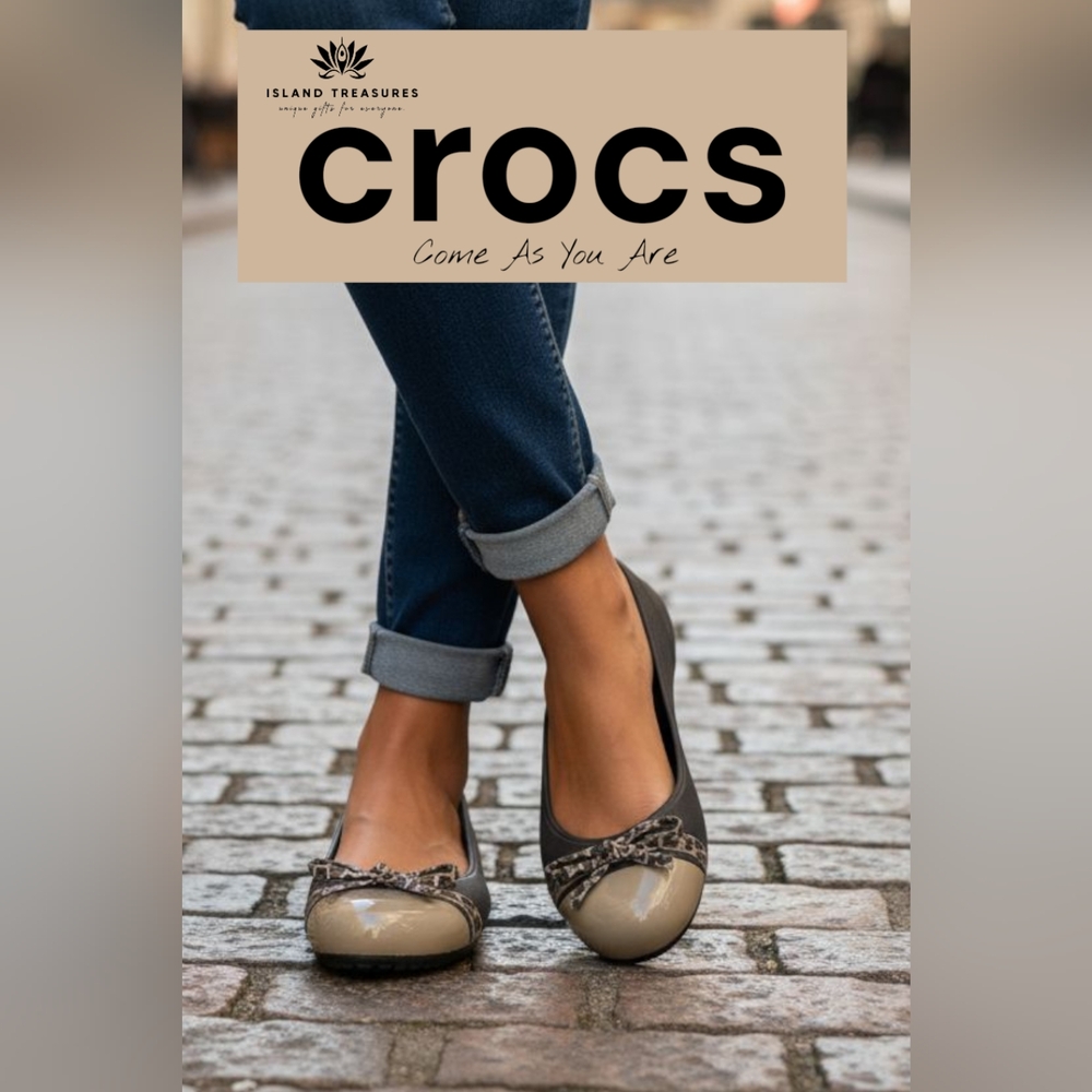 CROCS Cap Toe Bow Women Sz 5 Expresso Gold Croslite Sole Leopard Bow